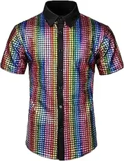 [Generic] Men's Disco Sequins Short Sleeve 70S Disco Outfits Shirt Button Down Vintage Sequin Shirt