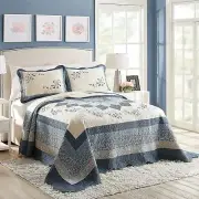 New! BEAUTIFUL XXXL COTTAGE WHITE LIGHT BLUE NAVY ROSE FLORAL QUILT BEDSPREAD