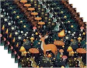 Fantasy Mushroom Forest Placemats Set of 6,Deer Bunny Place Mats Heat Resistant Washable Non-Slip Table Mats for Party Kitchen Dining Decor 12x18 Inch