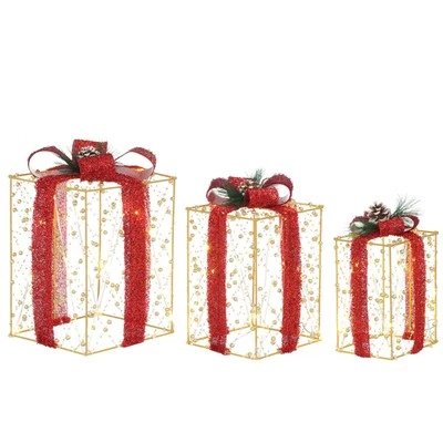 Set of 3 Boxes Decoration, Pre-lit Xmas Beaded Present Boxes with 60 Warm Whi...