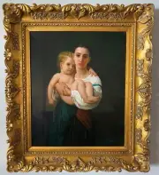 Woman and her baby - Realistic Portrait - Ornate hand-carved Gold frame