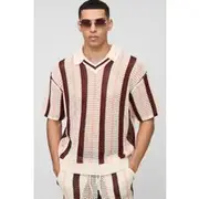 Mens Ecru Oversized Boxy Open Stitch Revere Collar Stripe Knitted Polo