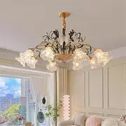 American Pastoral Chandelier French Creativity Flower Living Room Dining Room Bedroom Villa Home LED Decoration Pendant Lamp (B 10 Lights)