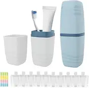 2Pcs Travel Toothbrush Holders Cup, Portable Toothbrush Travel Cases with 10Pcs Travel Pouches for Toiletries and 1 Sheet Label Sticker for Bathroom Camping Business Trip (Blue, White)