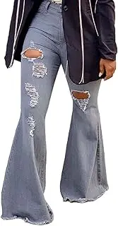 [Generic] Women Bell Bottom Jeans Ripped Hole High Waisted Jean Pants Classic Perforated Flared Denim Pants