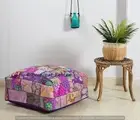 Indian Vintage Patch Work Embroidered Square Ottoman Purple Cotton Pouf Cover