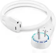 1Ft White Flat Plug Extension Cord - 360° Rotating, UL Certified