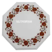 12" White Marble Octagon Corner Side Table Top Marquetry Carnelian Inlay Decor