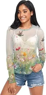 [RPLIFE] Colorful Wildflowers Cute Bird Womens Mesh Shirt, Party Long Sleeve Tops for Women S-XXL