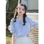 FASHION FOR WOMEN OUTFIT SKY BLUE BLOUSE NICHE SHORT-SLEEVED