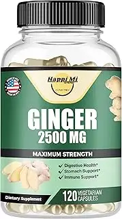 Happi Mi Nutrition Organic Ginger Capsules 2500mg, Ginger Root Capsule, Ginger Supplement, Ginger Powder, Ginger Pills, Digestive Health Support, Immune Support, Nausea Relief, 120 Veggie Capsules