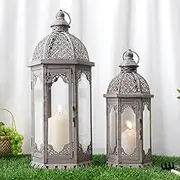 NEWIMAGE Set of 2 Decorative Candle Lantern 22"&17" H Outdoor Candle Lanterns Vintage Metal Candle Holder for Garden Living Room Indoor Outdoor Parties Weddings Patio Home Decor(Grey with Black Brush)