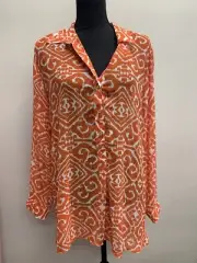 Chico’s URBAN IKAT CLARICE Button Up TOP Blouse WOVEN PATTERN ORANGE 2 L/12 NEW