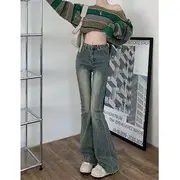 Low-Waist Frayed Bell-Bottom Jeans Blue - S