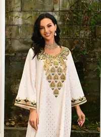 在飛比找Yahoo!奇摩拍賣優惠-【連身裙】23中東燙金長袍服飾輕奢蕾絲花邊阿拉伯印尼女拖地長
