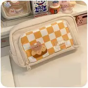 Checker Canvas Pencil Case with Brooch (various designs) Check - Wine Red - 1 of Badge - Random - One Size