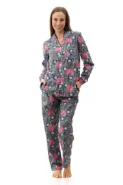 Ladies Givoni Cotton Long Length Flannelette PJS Dark Floral (Cassidy 96C)
