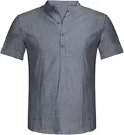 [Aosufei] Men's Flax Loose Button T-Shirt Stand-Up Collar Solid Athletic T-Shirt Lightweight Comfortable Casual T-Shirt