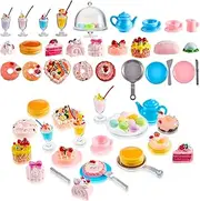 48 Pieces Party Tea Set Princess Tea Time Toys Playset Party Play Food Kitchen Pretend Play Tin Tea Party Set Including Dessert, Cookies, Dessert and Tea Party Accessories Toy for Little Ones