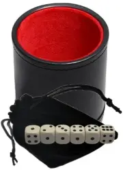 (6) 16mm Bone-Tone Pip Dice w/Pouch + Black PU Leather Red Felt Lined Dice Cup