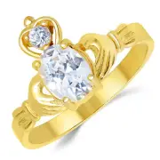 14K Yellow Gold White Oval Shape CZ Claddagh Ring 1 Ct. (Birthstones Available)