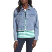 TopShop Moto Jean Jacket Women's Size 14 Blue Frayed Hemline Cropped Denim