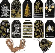 Whaline Christmas Paper Gift Tags Glitter Black Merry Christmas Tags with Jute Twine 10 Designs Holiday Hanging Labels Name Tags for Winter Xmas DIY Gifts Party Favor Decoration, 100 Pack