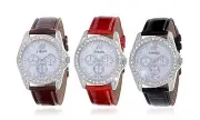 NEW Strada 1921844 Womens 3-Watch Set Black Red Brown Wristbands MOP Dial Quartz