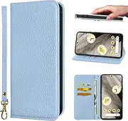 NanHou Google Pixel 8 Pro Case Microfiber Leather RFID Blocking Wallet Magnetic Closure Kickstand Wrist Strap Card Holder Shockproof Flip Cover - Light Blue