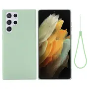 Liquid Silicone Microfiber Lining Mobile Phone Back Case Cover With Strap For Samsung Galaxy S22 Ultra 5g - Green