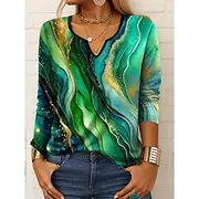 Women's T Shirt Ombre Graphic Geometric Vintage Stylish Casual Long Sleeve Notched Neck Regular Tops Daily Print Army Green Blue Sky Blue Green Summer Spring F