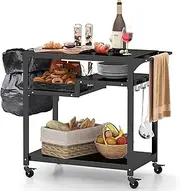 Outdoor Grill Dining Cart, Movable BBQ Trolley Pizza Oven Stand w/Shelves, Hooks, Multifunctional Flattop Food Prep Worktable w/Lockable Wheels, Side Handle