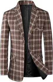 [Generic] Mens Plaid Blazer Sports Coat Casual Lightweight Two Button Suit Jacket Slim Fit Checkered Blazers for Men Wedding, Coffee-n, 3X-Large