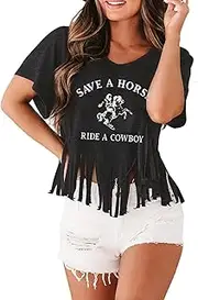 [GERLEN] Women Western Shirt Save a Horse Ride a Cowboy Vintage Cowgirl Fringe Shirt Country Concert Tops Short Sleeve
