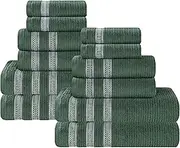 Superior Cotton 12-Piece Towel Set, Zero Twist, Ribbed Geometric, Bathroom Essentials, Shower, Spa, Luxury Plush Soft Absorbent Towels, Includes 4 Bath, 4 Hand, 4 Washcloth/Face Towels, Forest Green