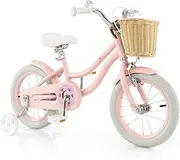 [Honey Joy] 14”/16” Kid’s Bike with Training Wheels, Adjustable Handlebar & Seat, Handbrake & Coaster Brake, Retro Basket, 95% Pre-Assembled Design, Bicycle for 3-5 Years Old, Pink