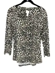 Chico's Leopard Print Knit Scoop Neck Top Jersey Animal Stretch Round Hem Sz 8