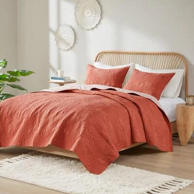 Coral/Off White Reversible Cotton Elephant Floral Coverlet Set - Queen Size