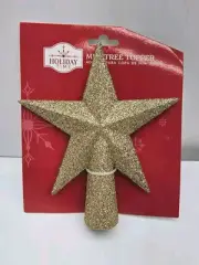 Holiday Time Mini Tree Topper Gold Star Glitter 5" Christmas