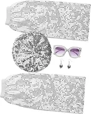 Gogogmee Hip-hop Dress Costume Disco Jewelry Ball Earrings Leg Warmers Sequin Hat for 80s Theme Silver