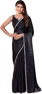 [CRAFTSTRIBE] Women's Satin Silk Stone Work Black Sarees For Women With Blouse Piece