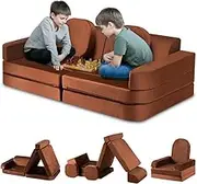 Playpals 12PCS Modular Kids Play Couch, Kids Sofa Set for Inspiring Child Creativity, Versatile Sectional Sofa for Nursery Playroom Bedroom Living Room, DIY Creativing Playroom Furniture, Brown