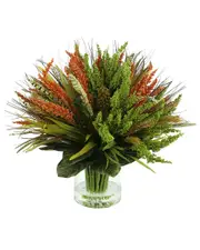 Creative Displays Modern Fall Arrangement With Orange Heather, Magnolia Leaves & Wheat In Glass Vase