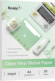 Koala Clear Sticker Paper for Inkjet Printer - Waterproof Clear Printable Vinyl Sticker Paper - A4 20 Sheets Transparent Glossy Sticker Paper for DIY Personalized Stickers, Labels, Decals