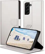 [SkyDuck] for Samsung Galaxy S21 FE Phone case with [RFID Blocking][Credit Card Holder]with 1 Tempered Glass Screen Protector,PU Leather Flip Book Protective Cover Women Men for Samsung S21FE case White