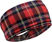 Woration Headbands for Women, Red Plaid Hairband Girls Wide Hand Band Sports Yoga Headscarves Twisted Knotted Headwrap Elastic Headwear Head Wrap