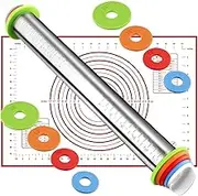 Emapoy Rolling Pin and Silicone Baking Pastry Mat Set, Stainless Steel Dough Roller, Rolling Pins with Adjustable Thickness Rings, for Baking, Cookies