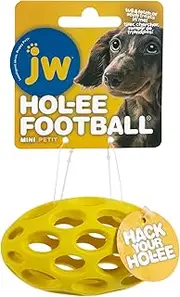 JW Pet HOL-ee Football Dog Toy Puzzle Ball, Natural Rubber, Mini (5.25 Inch Length), Colors May Vary