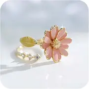 [ZDIFDIC] Cute Sunflower Daisy Open Ring Imitation Enamel CZ Floral Statement Boho Rings 14K Gold Plated Daisy Flower Stacking Wedding Promise Band Index Finger Bands for Women Jewelry Gifts