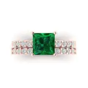 2.66 Princess Cut Pave Emerald Stone Ring Band bridal Set 14k Rose solid Gold